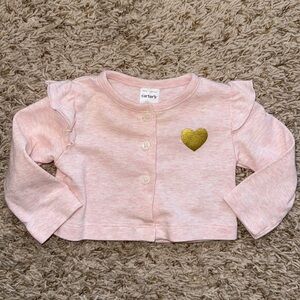 3M girls light pink cardigan withhold heart and ruffle at shoulders. Carter’s.